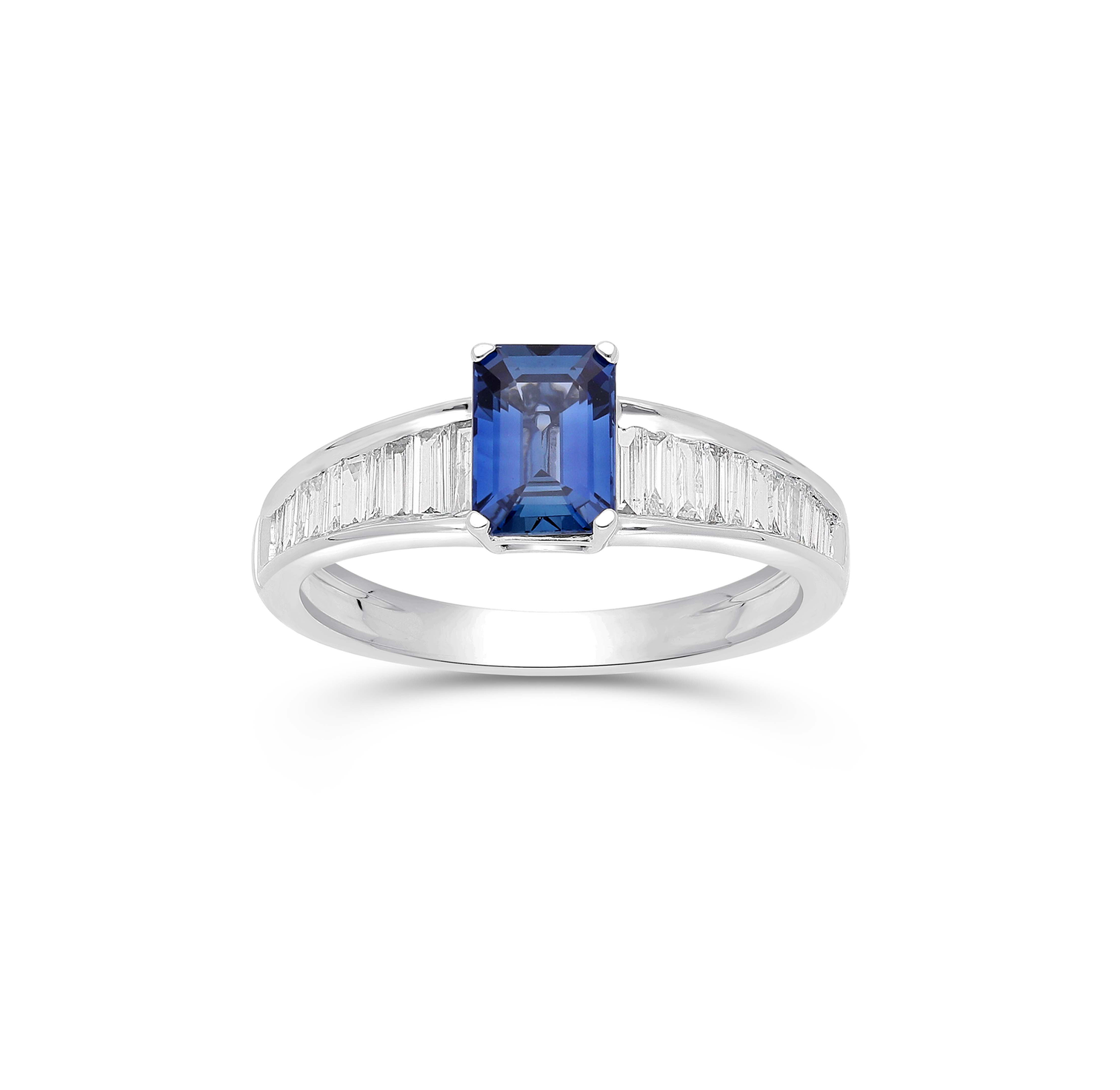 14K White Gold Blue Sapphire Ring with Baguette Diamonds